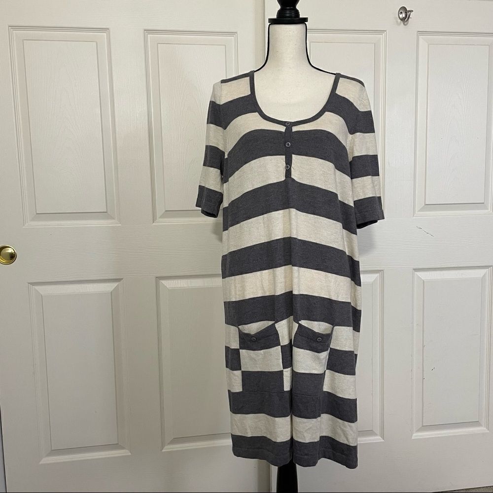 For Joseph Knitted Wool Blend Short Sleeve Gray Striped Vintage Sweater Dress, L
